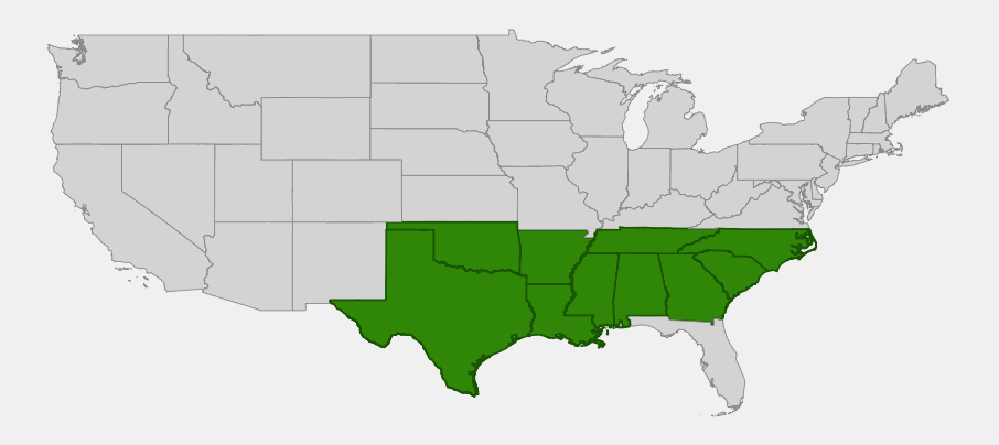 Native range map of Carolina snailseed (Cocculus carolinus) showing distribution across Texas, Oklahoma, Arkansas, Louisiana, Mississippi, Alabama, Tennessee, Georgia, South Carolina, and North Carolina
