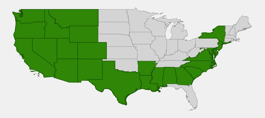 Native range map of Chairmaker's Bulrush (Schoenoplectus americanus) showing distribution across the western, south-central, and southeastern/mid-Atlantic United States