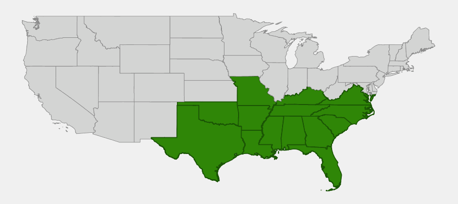 Native range map of Cherokee sedge (Carex cherokeensis) highlighting Texas, Oklahoma, Arkansas, Missouri and the southeastern United States