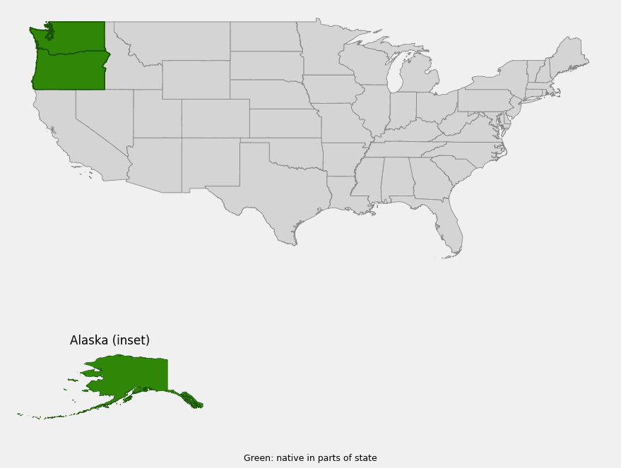 Native range map of chocolate lily (Fritillaria camschatcensis) highlighting Alaska, Oregon and Washington