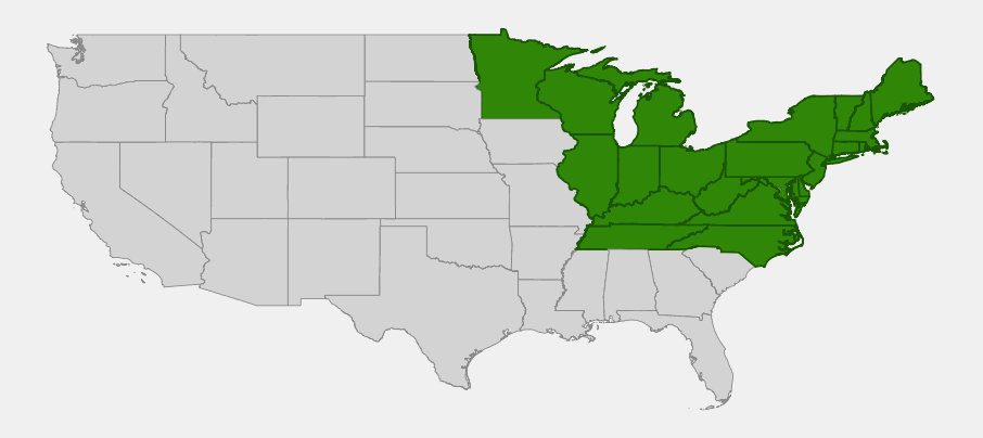 Native range map of Climbing Fumitory (Adlumia fungosa) showing distribution across the northeastern United States and Appalachian Mountains