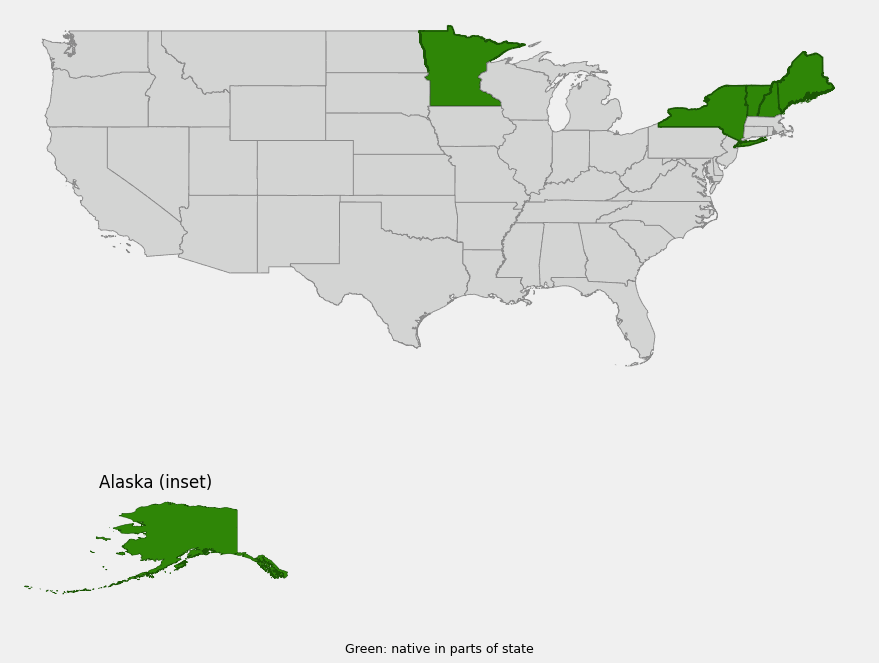 Native range map of Cloudberry (Rubus chamaemorus) highlighting Alaska, Maine, New Hampshire, Vermont, New York and Minnesota