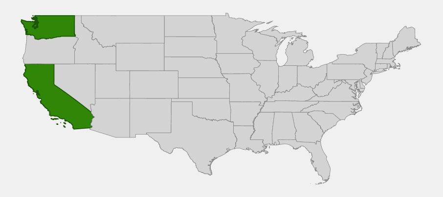 Native range map of coast paintbrush (Castilleja affinis) showing distribution across California and coastal Washington