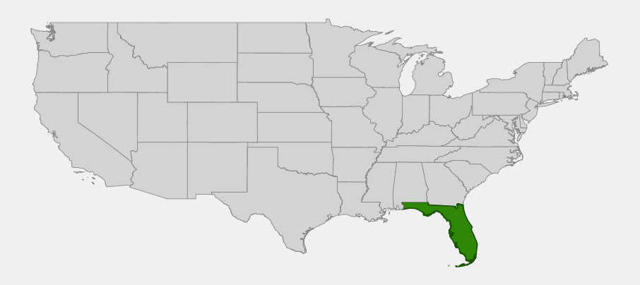 Map highlighting Florida as the only U.S. state where cocoplum occurs natively (actual native range is South Florida only, not statewide)