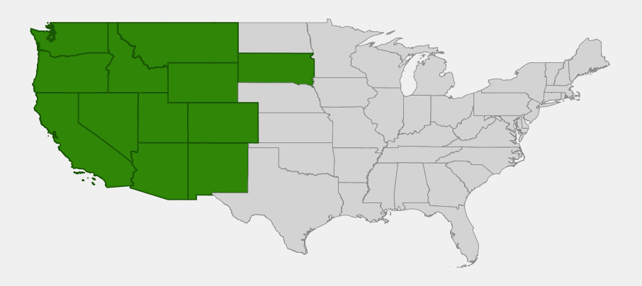 Native range map of Columbian monkshood (Aconitum columbianum) highlighting the western United States from Washington and California to Colorado, Arizona, New Mexico, and South Dakota
