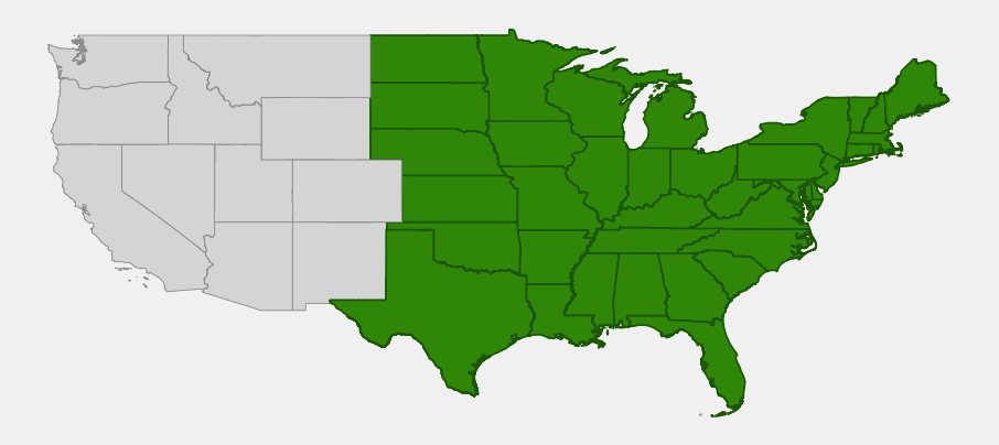 Native range map of Common Blue Violet (Viola sororia) across the eastern and central United States