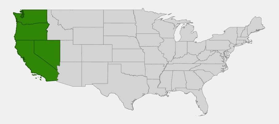 Native range map of Common Madia (Madia elegans) showing distribution across Washington, Oregon, California and Nevada