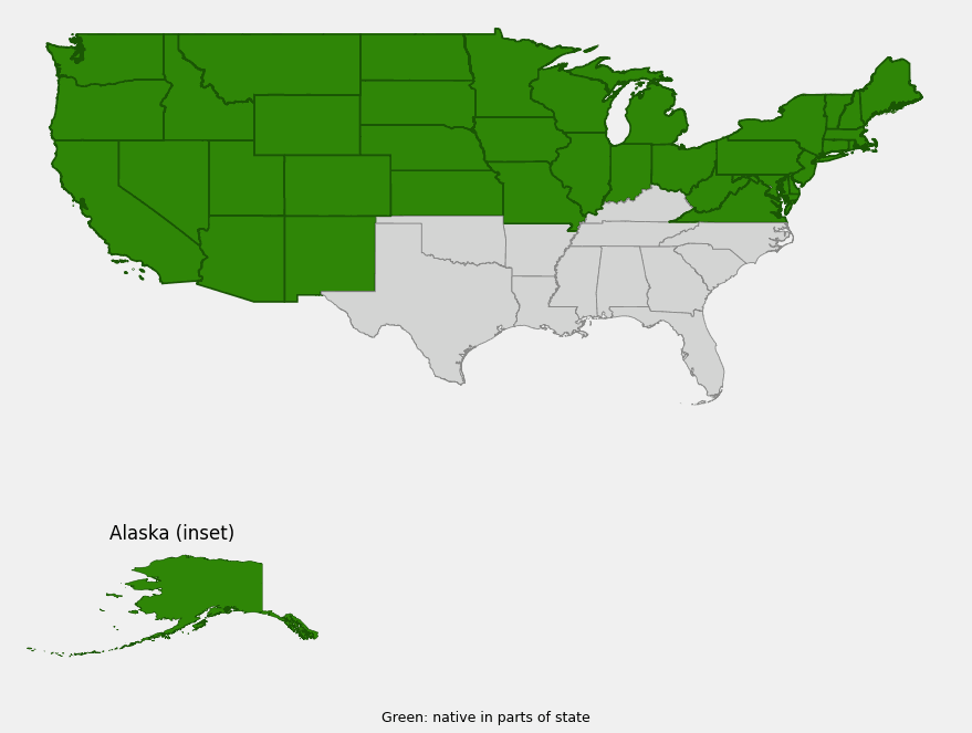 Native range map of common spikerush (Eleocharis palustris) showing distribution across the western, central, and northern United States including Alaska