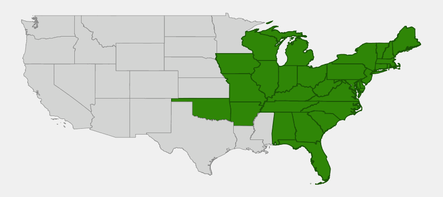 Native range map of Creeping Sedge (Carex laxiculmis) showing distribution across the eastern and central United States
