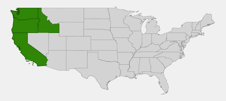 Native range map of crevice alumroot (Heuchera micrantha) showing distribution across California, Oregon, Washington, and Idaho