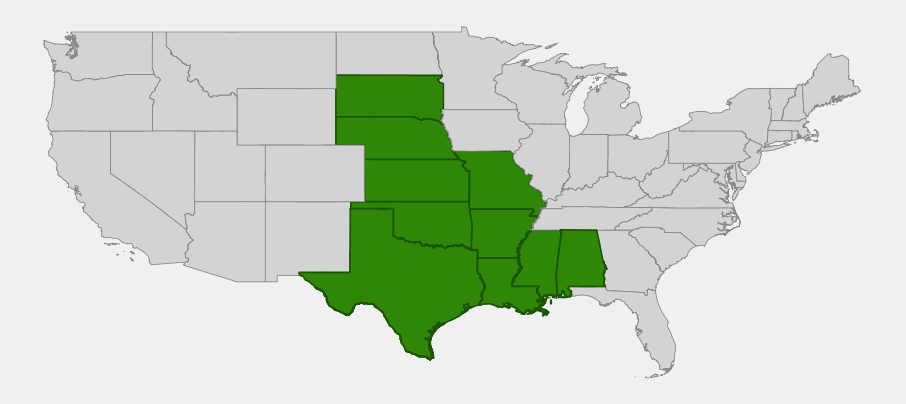 Native range map of Dakota Mock Vervain (Glandularia bipinnatifida) showing distribution across the central and south-central United States