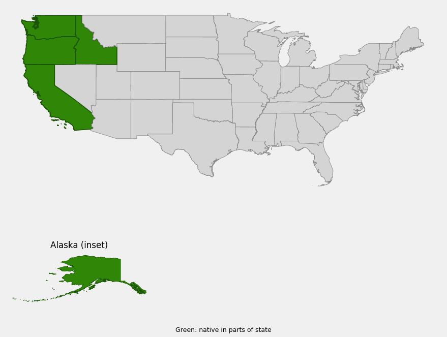 Native range map of Deer Fern (Blechnum spicant) highlighting Alaska, Washington, Oregon, California and Idaho