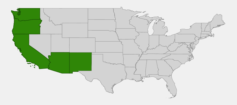 Native range map of deerbrush (Ceanothus integerrimus) showing distribution across California, Oregon, Washington, Arizona, and New Mexico
