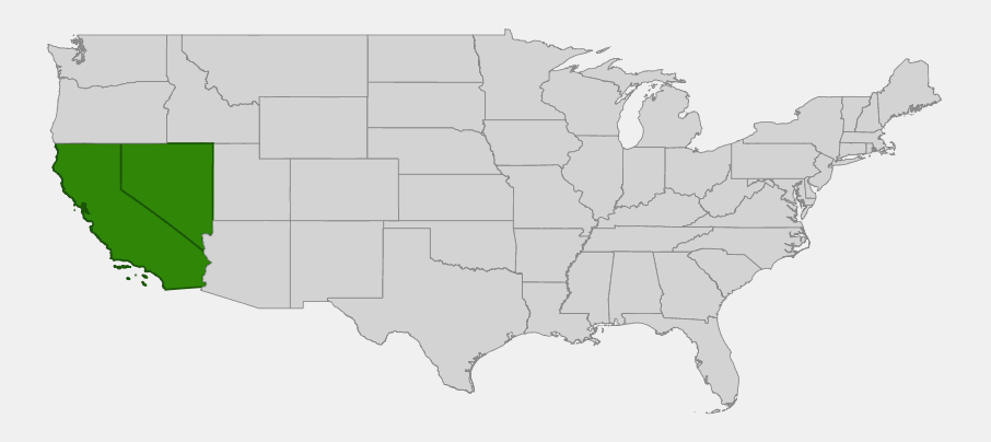 Native range map of desert peach (Prunus andersonii) showing distribution across eastern California and western Nevada