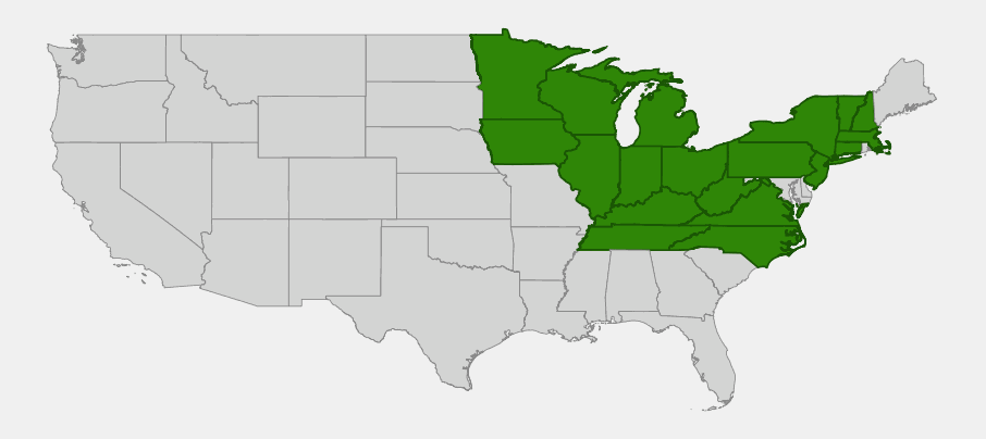 Native range map of Dotted Hawthorn (Crataegus punctata) showing its distribution across the northeastern and Great Lakes United States and the southern Appalachians