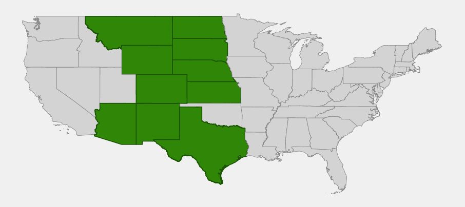 Native range map of downy paintbrush (Castilleja sessiliflora) across the central and northern Great Plains and Rocky Mountain foothills