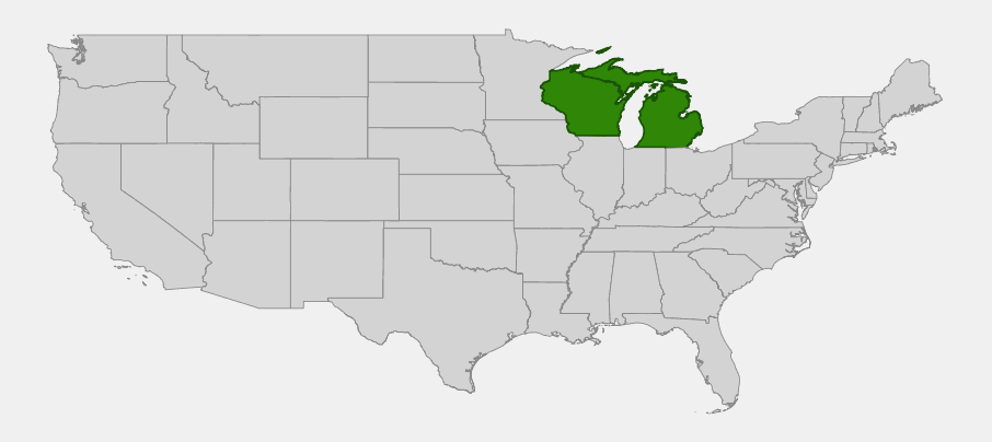 Native range map of Dwarf Iris (Iris lacustris) showing its very limited distribution in Michigan and Wisconsin along the Great Lakes shoreline
