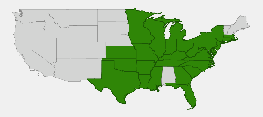 Native range map of Eastern prickly-pear (Opuntia humifusa) across the central and eastern United States