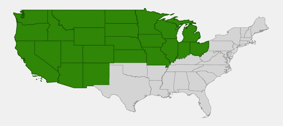 Native range map of field sedge (Carex praegracilis) showing distribution across the western United States, Great Plains, and Upper Midwest