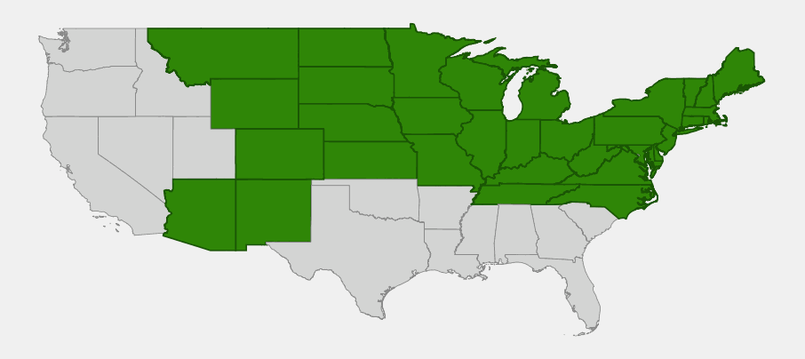 Native range map of Fleshy Hawthorn (Crataegus succulenta) showing its wide distribution across the northern Great Plains, Rocky Mountain foothills, Great Lakes, Northeast, and scattered Appalachian and Southwest populations