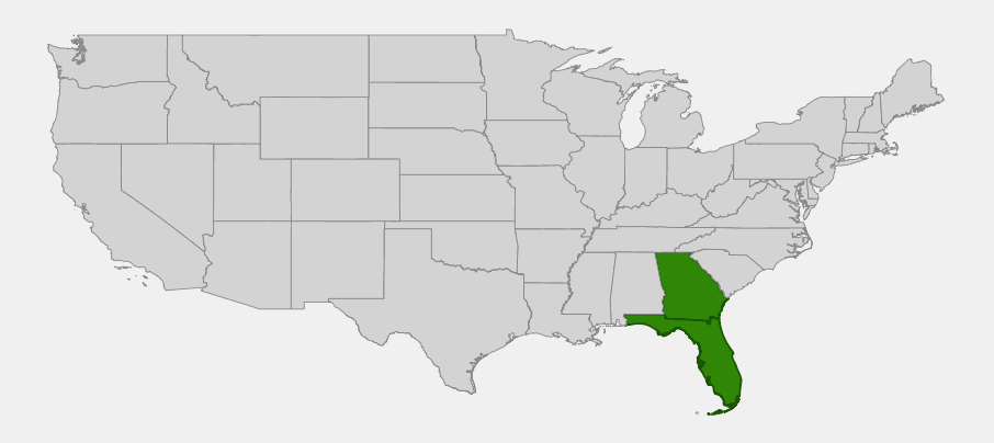 Native range map of Florida Torreya (Torreya taxifolia) highlighting Florida and Georgia at the state level