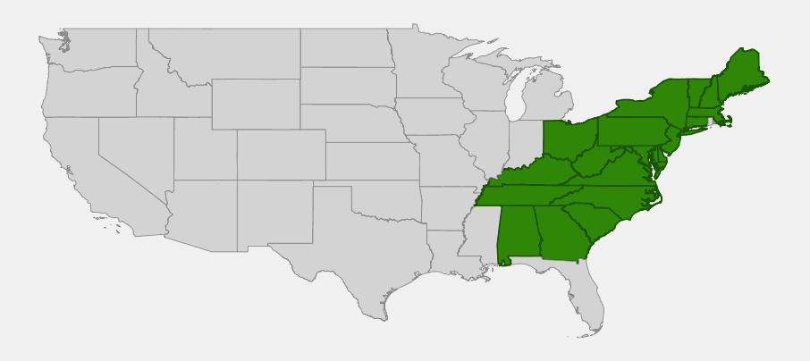 Native range map of heartleaf foamflower (Tiarella cordifolia) showing distribution across the northeastern and southeastern Appalachian United States