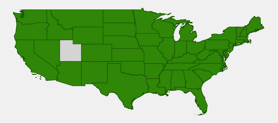 Native range map of fox sedge (Carex vulpinoidea) showing distribution across nearly all of the continental United States except Utah