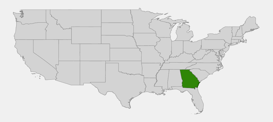 Map highlighting Georgia as the sole historical native range of Franklin tree (Franklinia alatamaha), now extinct in the wild