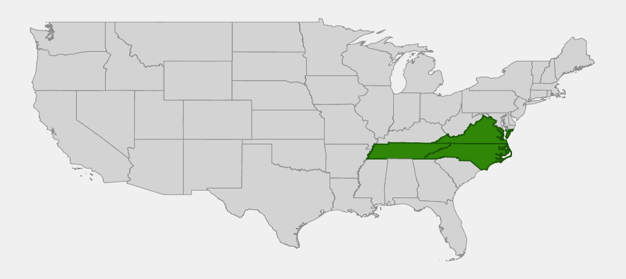 Native range map of Fraser fir (Abies fraseri) showing its restricted distribution in North Carolina, Tennessee, and Virginia