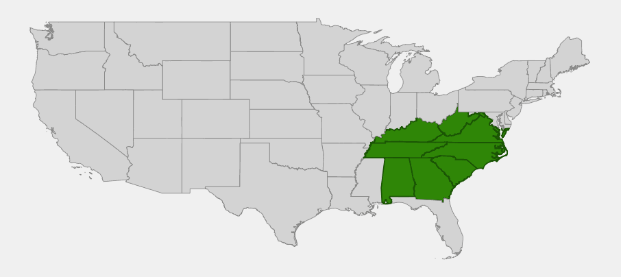 Native range map of Fraser magnolia (Magnolia fraseri) showing distribution across the Appalachian Mountains from West Virginia to Alabama