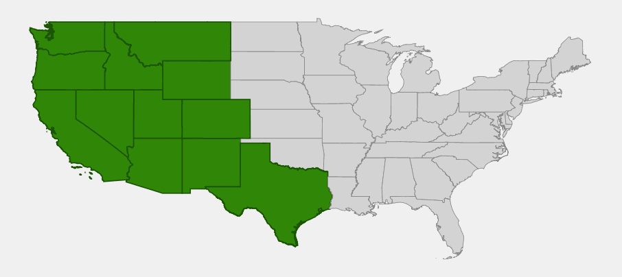 Native range map of freckled milkvetch (Astragalus lentiginosus) highlighting states across the Intermountain West and Southwest