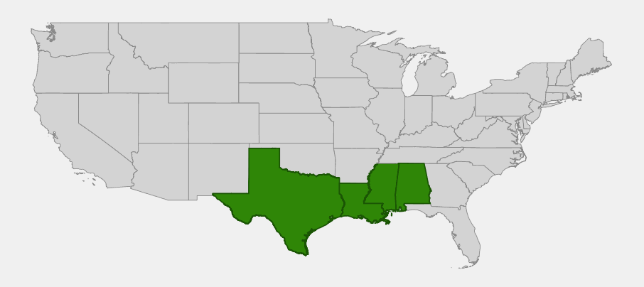 Native range map of giant blue iris (Iris giganticaerulea) showing distribution in Louisiana, eastern Texas, southern Mississippi, and Alabama