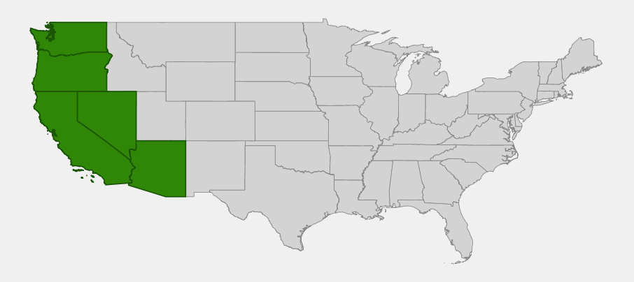 Native range map of giant chain fern (Woodwardia fimbriata) highlighting California, Nevada, Oregon, Washington and Arizona