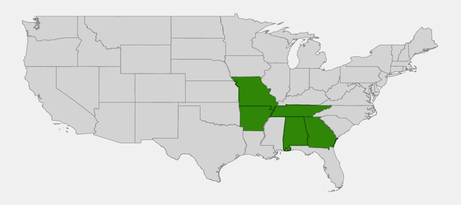 Native range map of Glade Coneflower (Echinacea simulata) highlighting Missouri, Arkansas, Tennessee, Alabama and Georgia