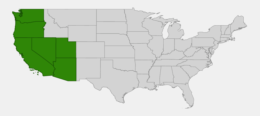 Native range map of goldback fern (Pentagramma triangularis) showing distribution across California, Nevada, Oregon, Washington, Arizona, and Utah