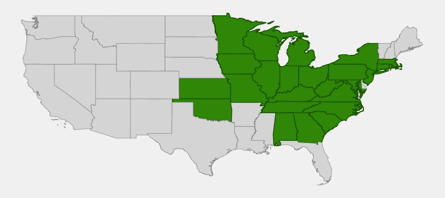 Native range map of Gray's sedge (Carex grayi) showing distribution across the eastern and midwestern United States