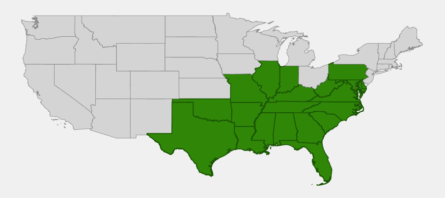 Native range map of green hawthorn (Crataegus viridis) showing distribution across the southeastern and south-central United States