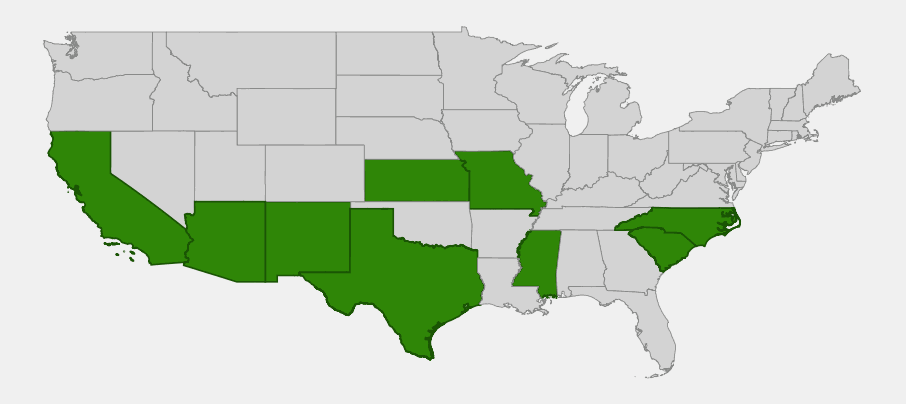 Native range map of green sprangletop (Leptochloa dubia) highlighting California, Arizona, New Mexico, Texas, Kansas, Missouri, Mississippi, South Carolina and North Carolina