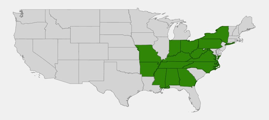Native range map of Hairy Alumroot (Heuchera villosa) showing distribution across the central and southern Appalachians and Ohio Valley