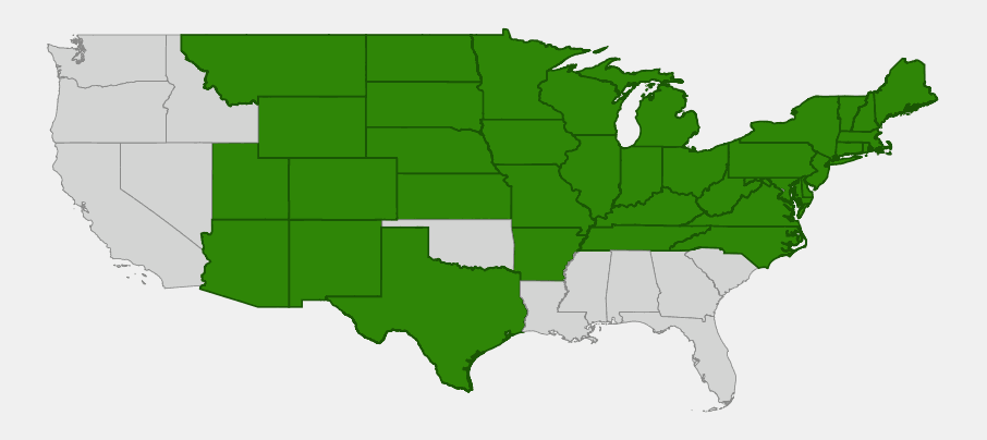 Native range map of Hops (Humulus lupulus native varieties) showing distribution across the eastern, Midwestern, and Rocky Mountain United States