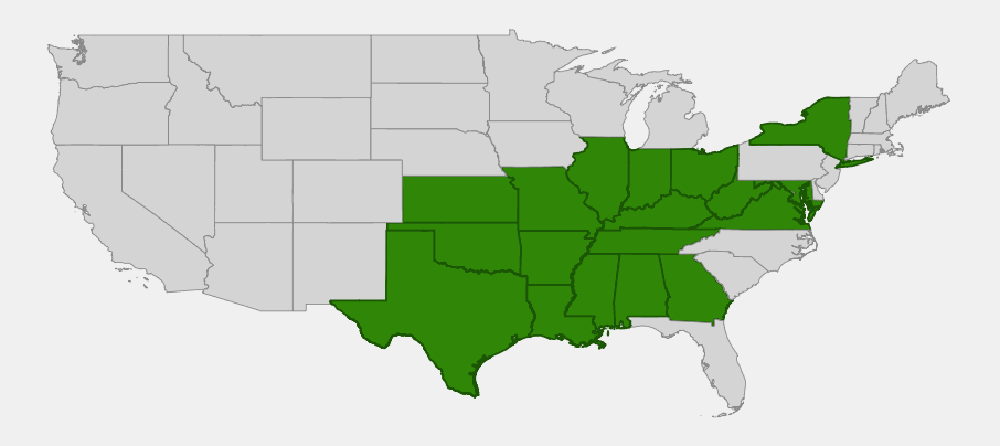 Native range map of American Ipecac (Gillenia stipulata) showing distribution across the eastern and south-central United States