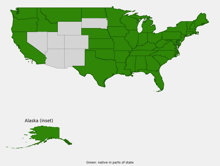 Native range map of Indian Pipe (Monotropa uniflora) showing distribution across most of the United States and Alaska, excluding the arid interior Southwest