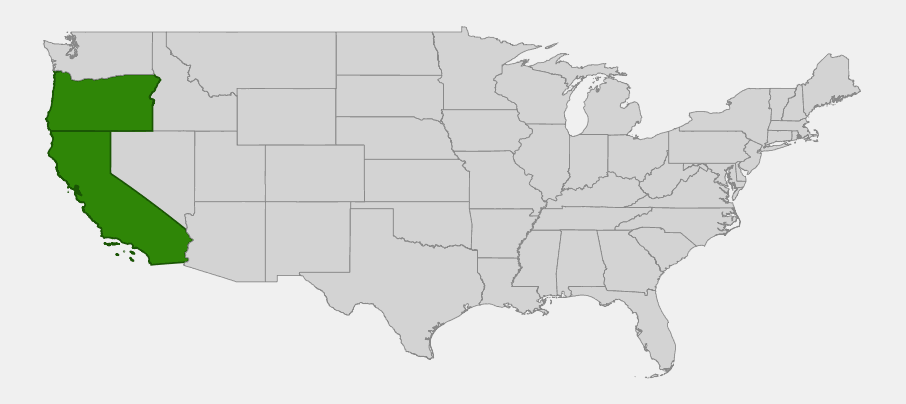 Native range map of Ithuriel's spear (Triteleia laxa) showing distribution in California and Oregon