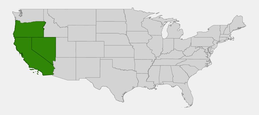 Native range map of Jeffrey pine (Pinus jeffreyi) across California, southern Oregon and western Nevada