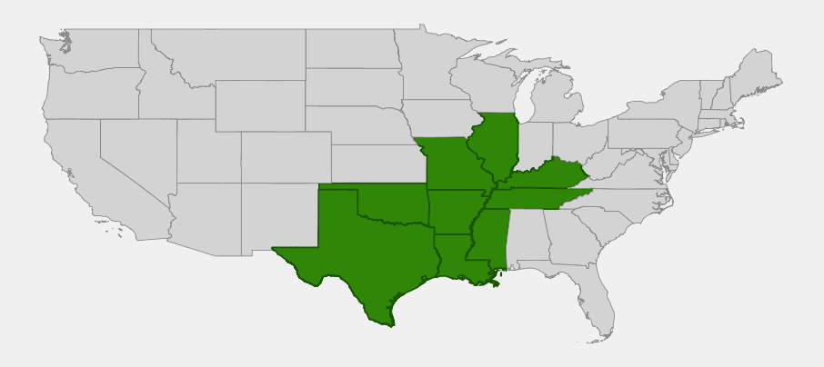 Native range map of Kentucky wisteria (Wisteria macrostachya) showing distribution across the south-central United States