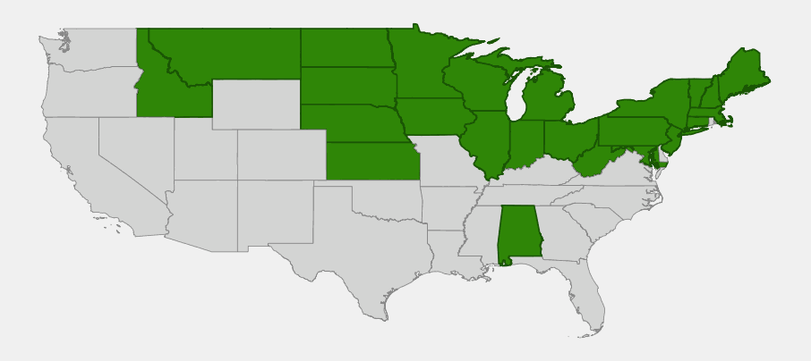 Native range map of lake sedge (Carex lacustris) showing distribution across the northern United States and disjunct populations in the West and Alabama