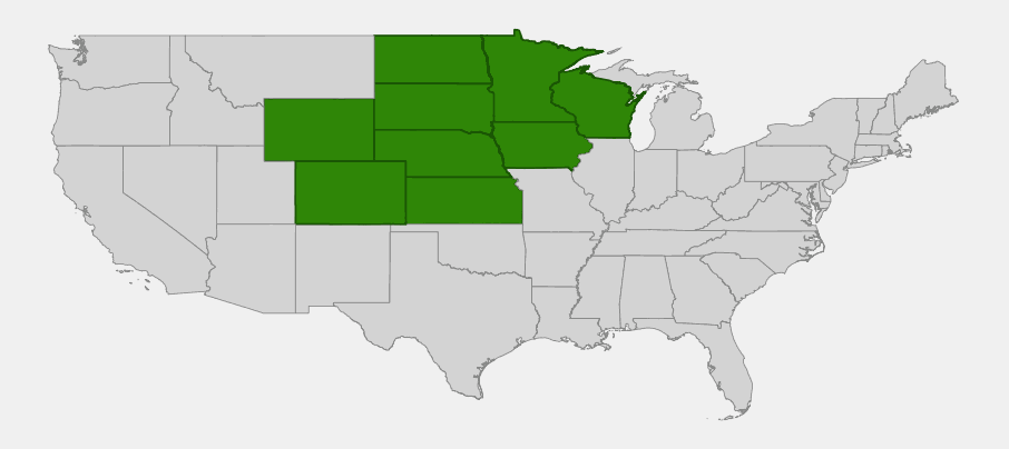 Native range map of lavender hyssop (Agastache foeniculum) across the northern Great Plains and western Great Lakes states