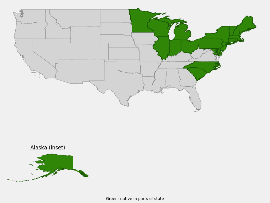 Native range map of Leatherleaf (Chamaedaphne calyculata) showing distribution across Alaska, the Upper Midwest, Great Lakes, and Northeast with disjunct populations in the Mid-Atlantic and Carolinas