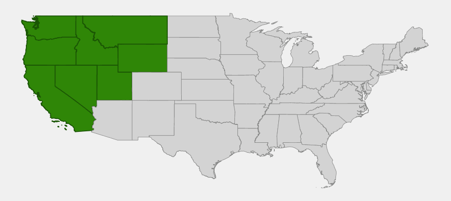Native range map of Lewis monkeyflower (Erythranthe lewisii) showing distribution across California, Oregon, Washington, Idaho, Montana, Wyoming, Utah, and Nevada