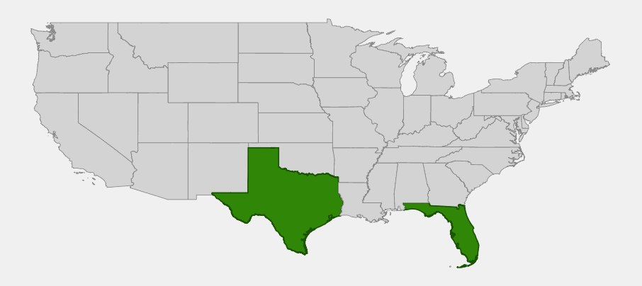Native range map of Lime Pricklyash (Zanthoxylum fagara) showing distribution in South Texas and Florida